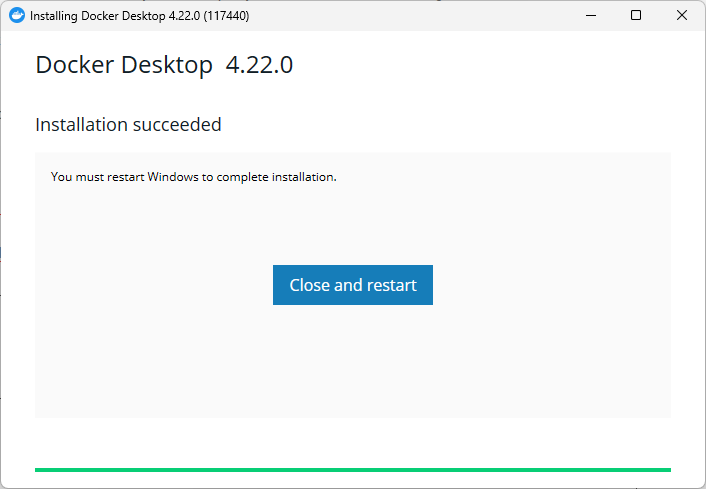 Screenshot from Dockers Desktop installation process, asking for reboot when it finishes.