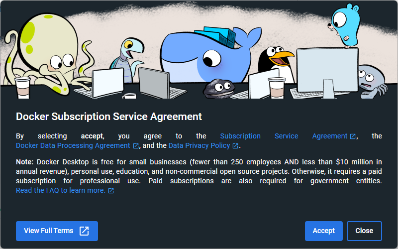 Docker Desktop screenshot asking the user to accept or deny the Docker Subscription Service Agreement.