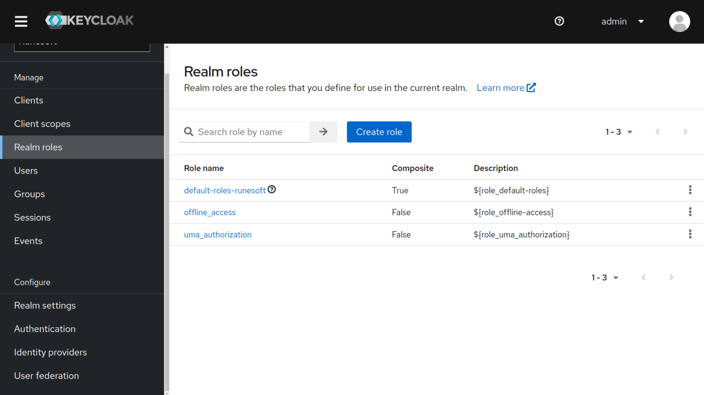 Screenshot of Keycloak's Roles
section page.