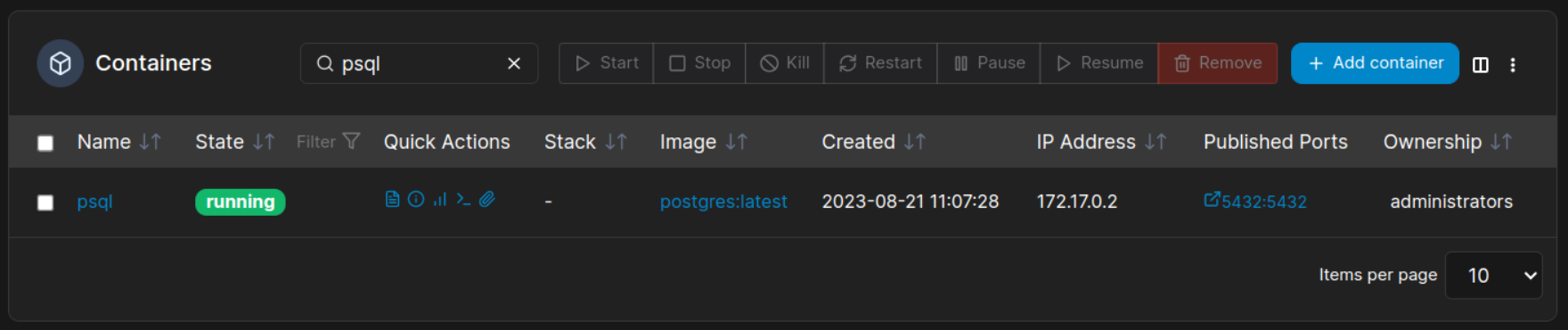 PostgreSQL in Docker CLI and Portainer