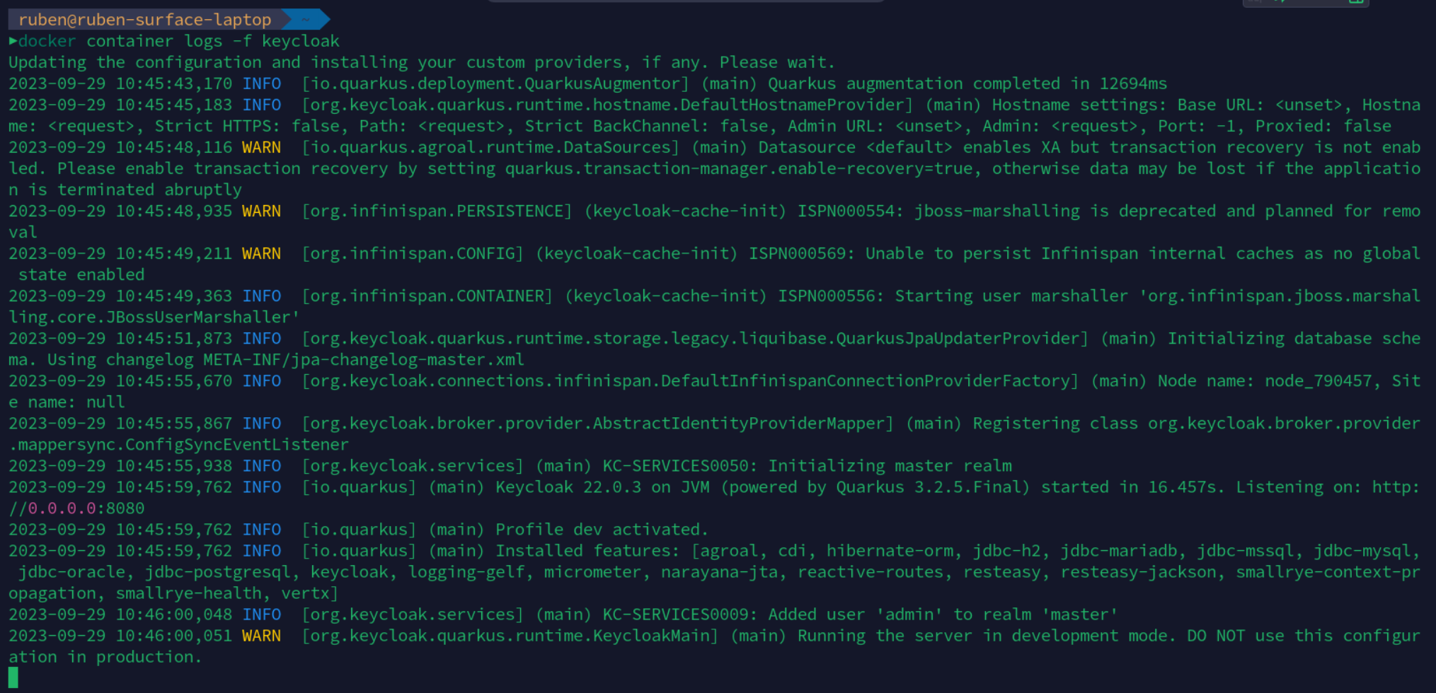 Keycloak Docker container initialization fetched logs screenshot.