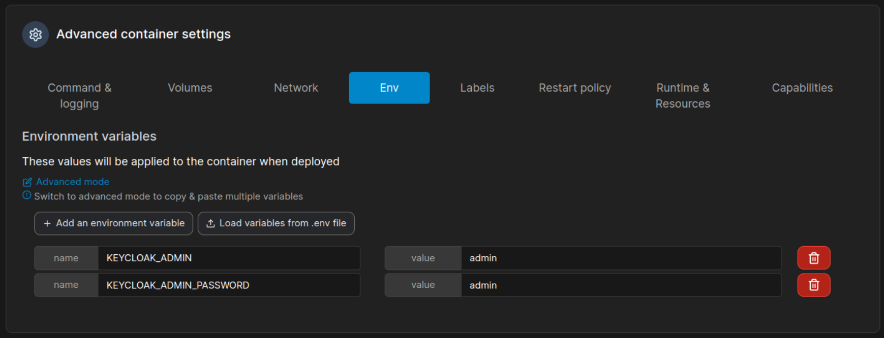 Portainer GUI Containers section creating a new container and selecting the enviroment variables screenshot