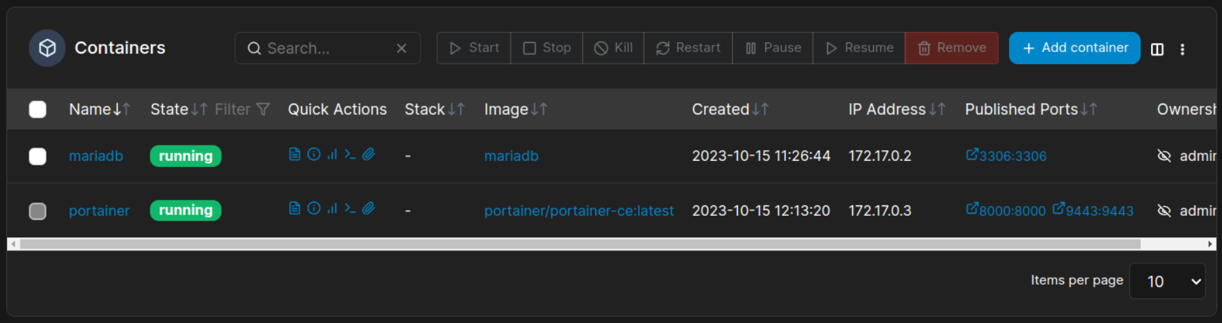 MariaDB in Docker CLI and Portainer