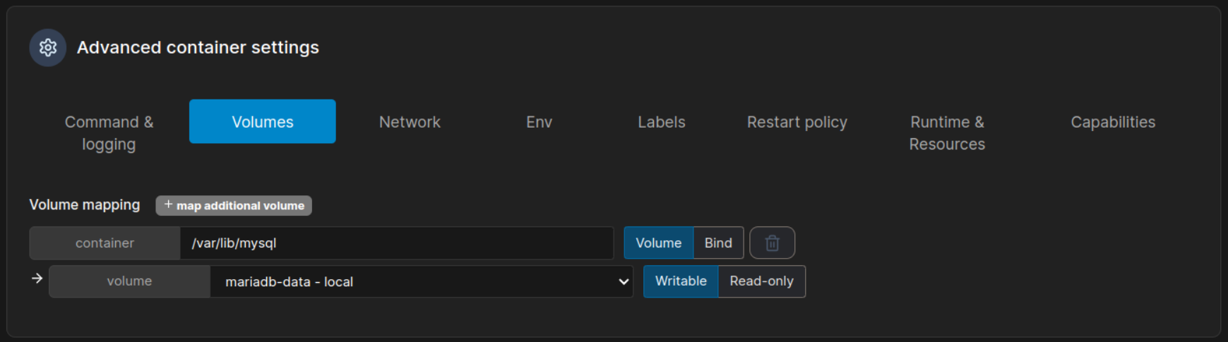 MariaDB in Docker CLI and Portainer