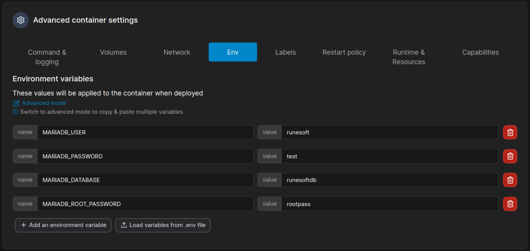MariaDB in Docker CLI and Portainer