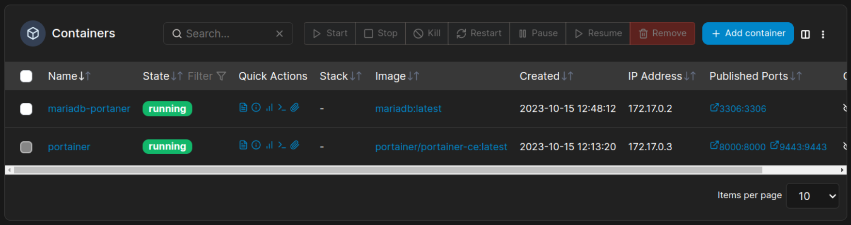 MariaDB in Docker CLI and Portainer