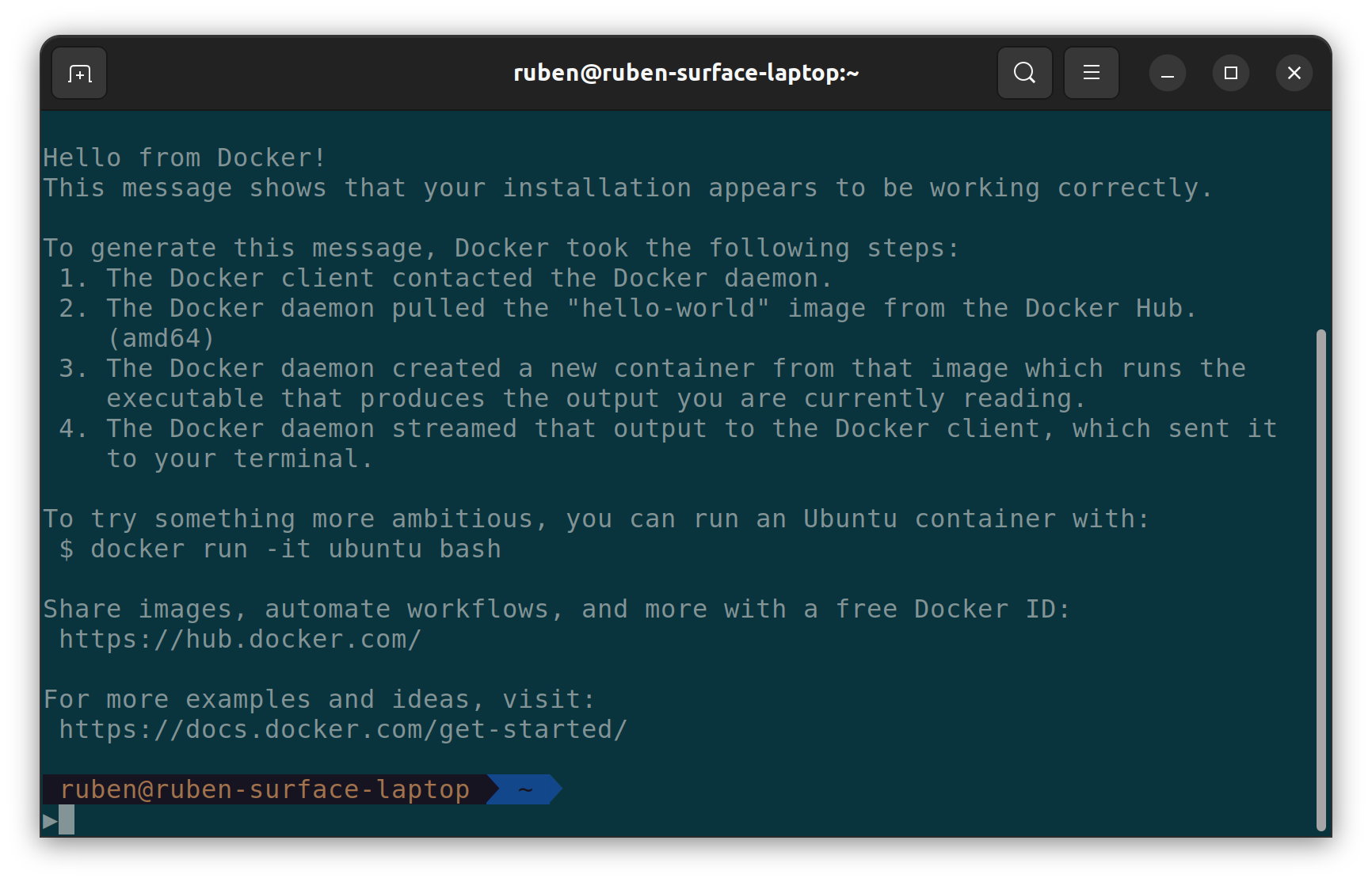 Screenshot of a Linux terminal containing the output from a command, the output is:
<p>Hello from Docker!<br>
This message shows that your installation appears to be working correctly.</p>
<p>To generate this message, Docker took the following steps:</p>
<ol>
<li>The Docker client contacted the Docker daemon.</li>
<li>The Docker daemon pulled the "hello-world" image from the Docker Hub.<br>
(amd64)</li>
<li>The Docker daemon created a new container from that image which runs the<br>
executable that produces the output you are currently reading.</li>
<li>The Docker daemon streamed that output to the Docker client, which sent it<br>
to your terminal.</li>
</ol>
<p>To try something more ambitious, you can run an Ubuntu container with:<br>
$ docker run -it ubuntu bash</p>
<p>Share images, automate workflows, and more with a free Docker ID:<br>
https://hub.docker.com/</p>
<p>For more examples and ideas, visit:<br>
https://docs.docker.com/get-started/" class="wp-image-437"><figcaption class=