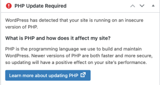 Image that shows up a Wordpress message, complaining about the seccurity risks of not updating to PHP 7.4.
