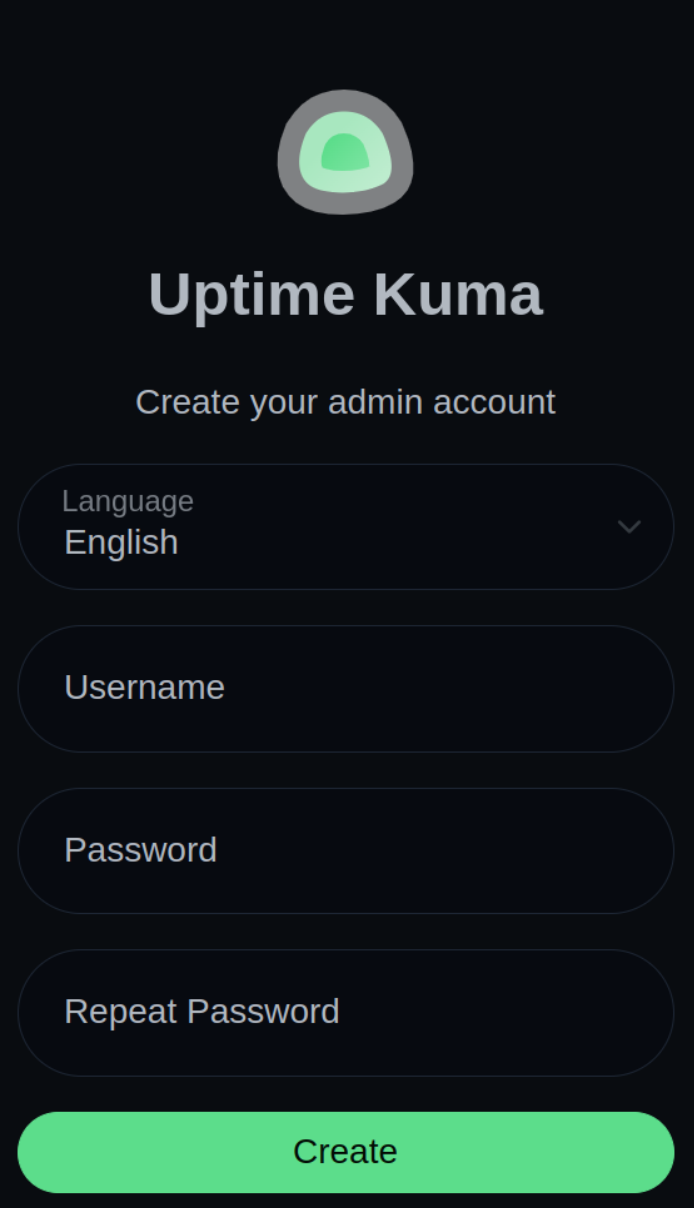 Image that shows Uptime Kuma's admin creation form