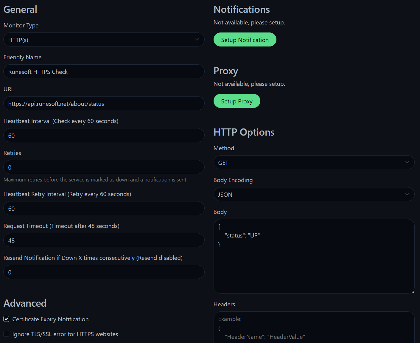 Image that shows Uptime Kuma's http monitor creation form
