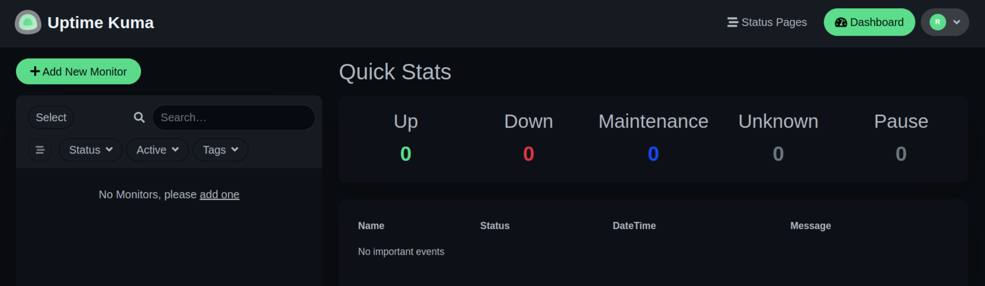 Image that shows Uptime Kuma's landing page
