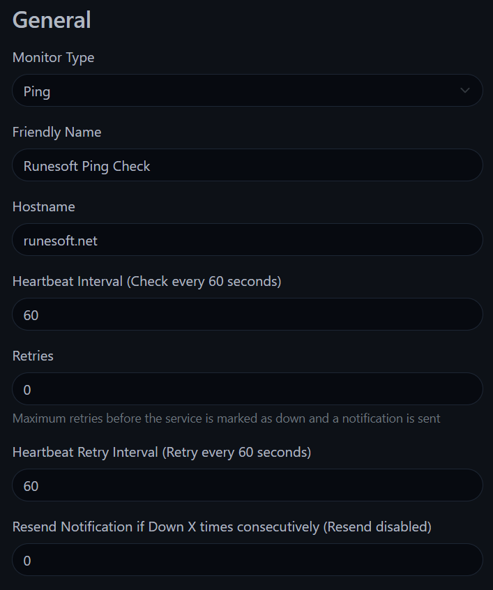 Image that shows Uptime Kuma's ping monitor creation form
