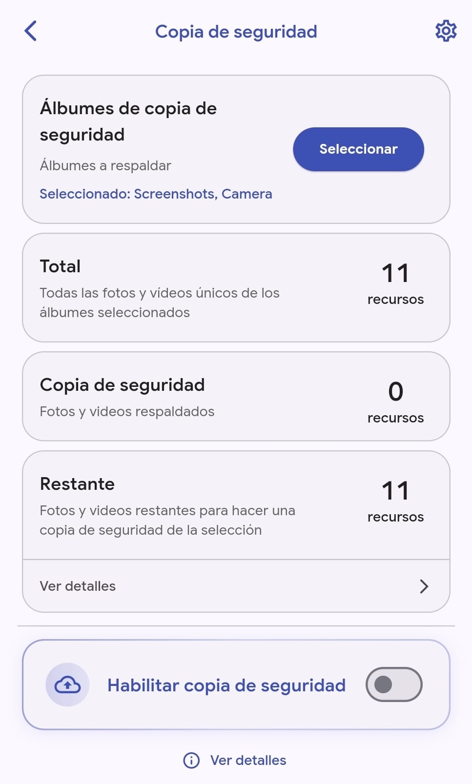 Pantalla indicando los archivos preparados para la copia de seguridad.