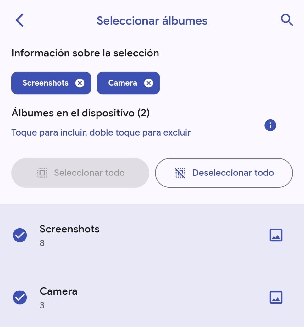 Listado para seleccionar los álbumes a sincronizar con la app de Immich en Android.