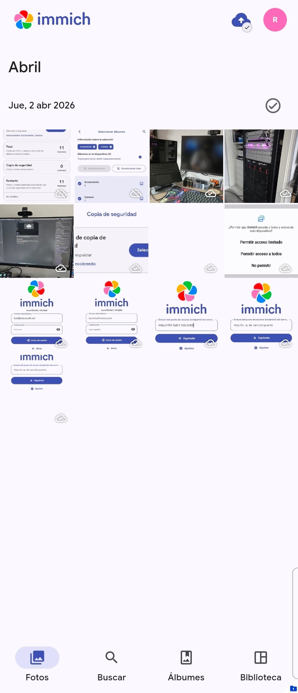 Galería de Immich, con las imágenes siendo subidas.