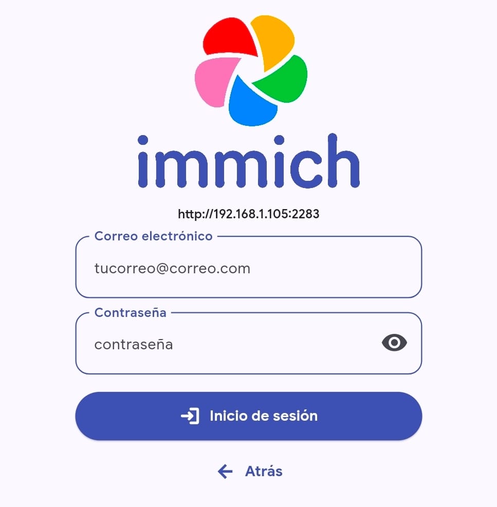 Formulario de inicio de sesión de la app de Android de Immich.