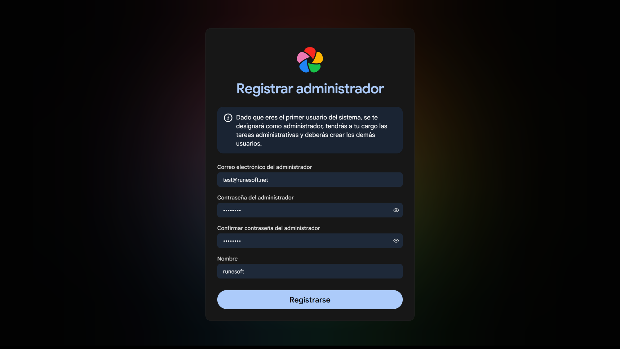 Formulario para dar de alta el usuario administrador.