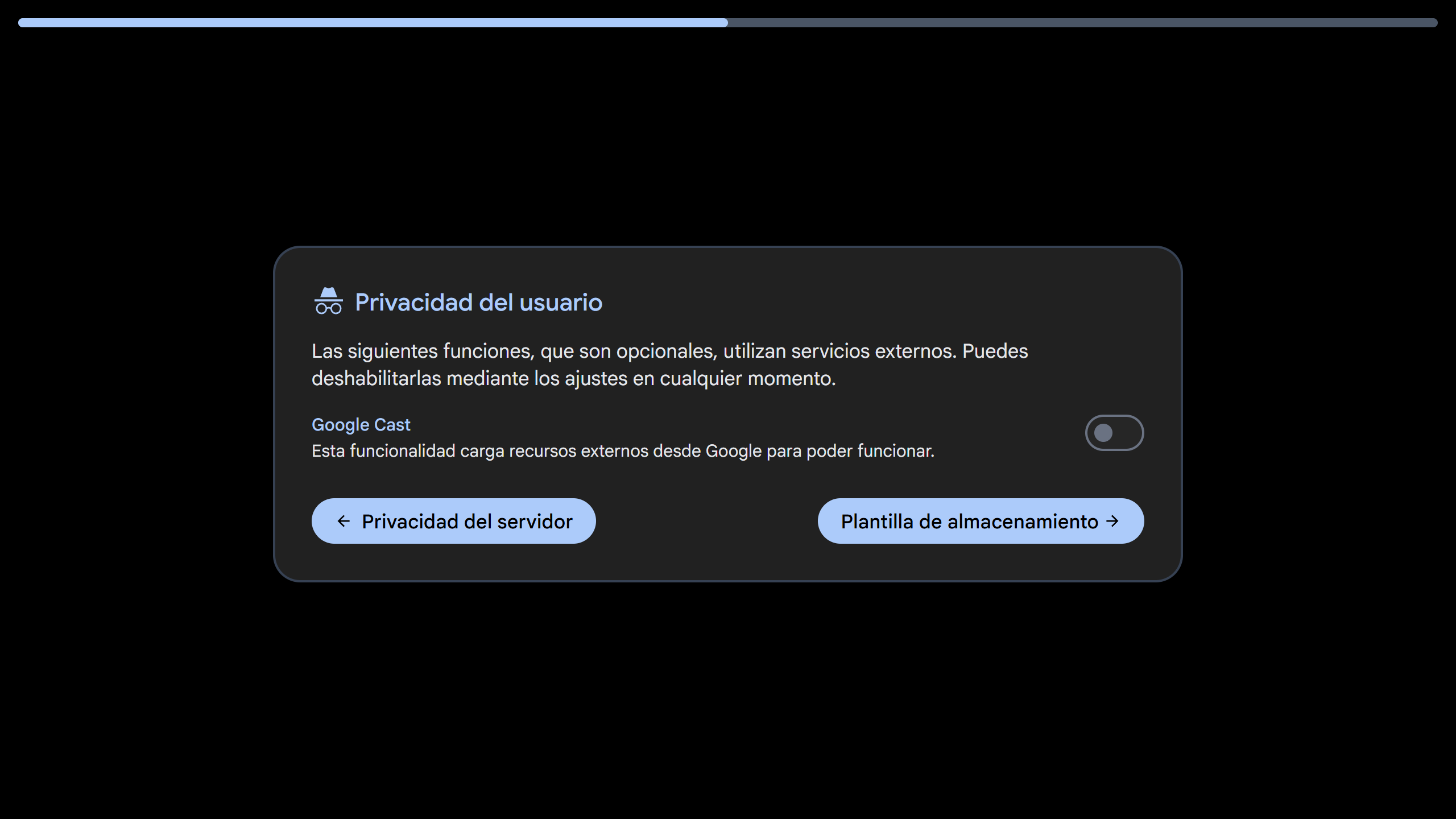 Selector de opciones de privacidad del usuario, para activar o no la opción de Google cast.