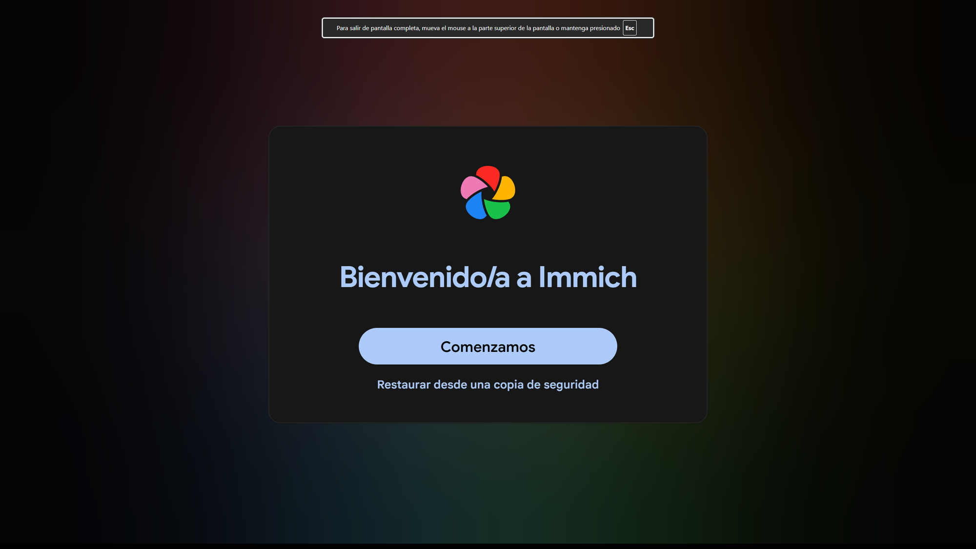 Página de inicio de Immich en su web, indicando de comenzar.