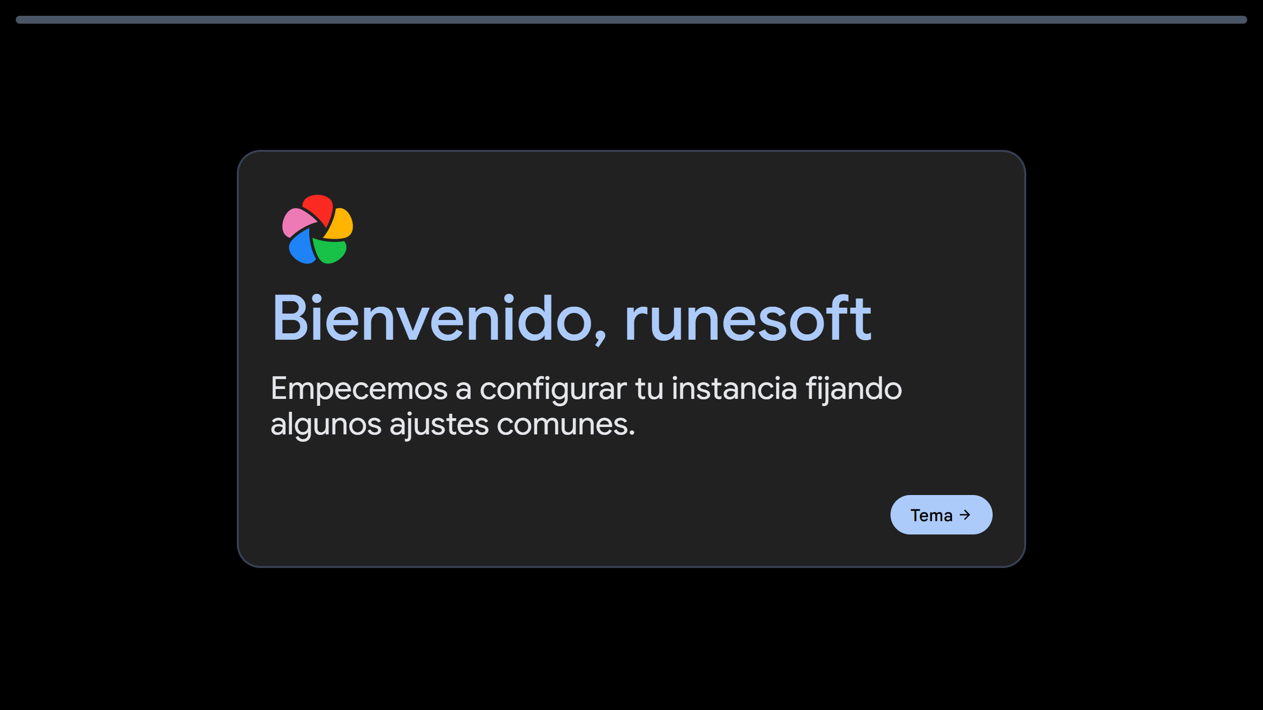 Mensaje dando la bienvenida al usuario en Immich.